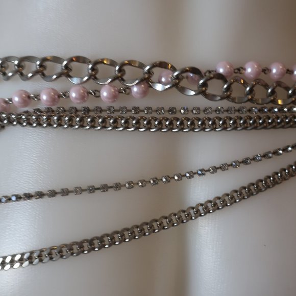 Shag Boutique Silver Multi Chain & Pink Faux Pearls Hip Chain Belt* - Picture 9 of 9